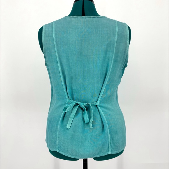 Papa Teal Embroidered Stripe V-Neck Button Front Tie Back Sleeveless Top, Medium - Picture 8 of 16